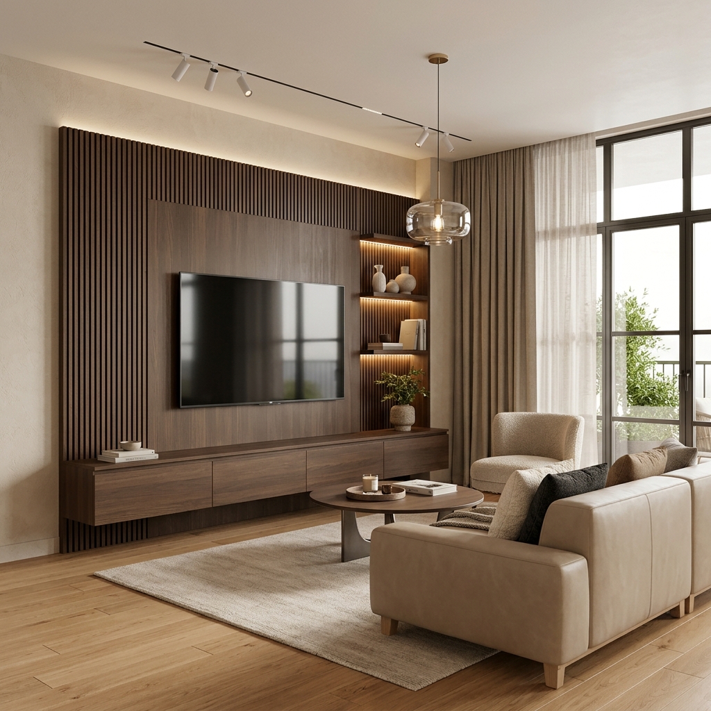 Fluted TV wood paneling: the contemporary trend for living rooms